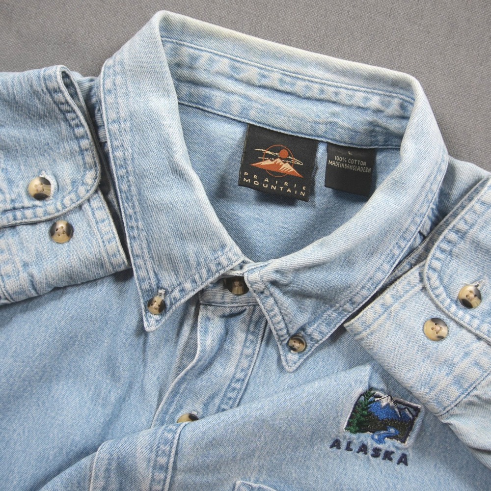 Vintage Alaska Chambray Prairie Mountain Denim  Men Shirt L Work Retro Coastal